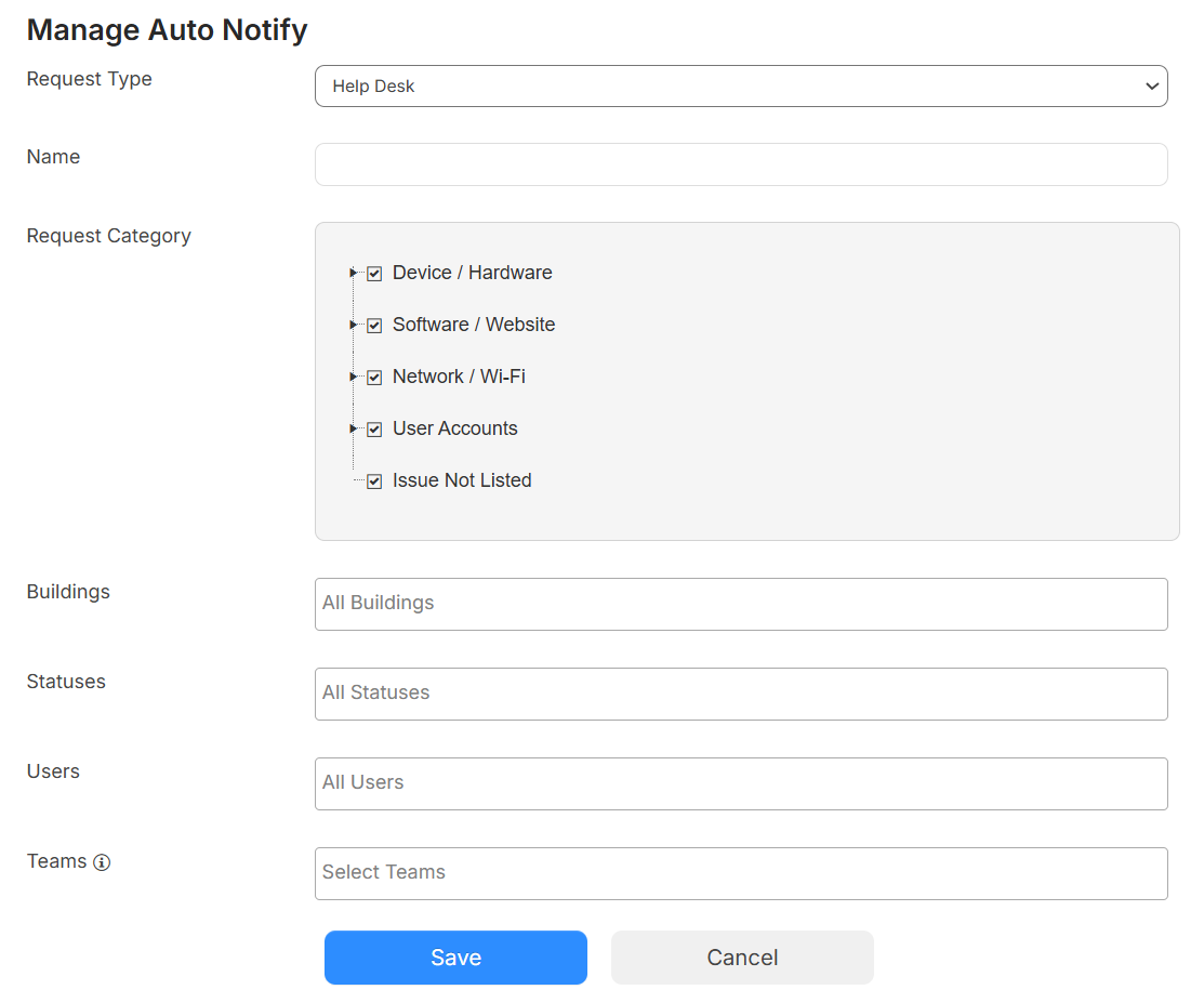 Manage Auto Notify page.